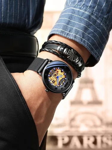 Vista 7 de SOLLEN Reloj automático esqueleto para hombre, reloj automático de esqueleto de doble cara para hombres