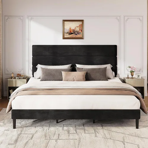 Vista 17 de WLIVE Base de cama tapizada, marcos de cama individual con cabecero, cama de plataforma con listones de madera, base de colchón de 600 libras,