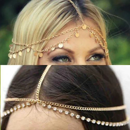 Vista 3 de Diadema dorada con lentejuelas y diamantes de imitación, bandas de pelo bohemias de cristal para Halloween, aro para el pelo para mujer, para novia