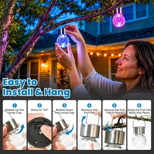 Vista 3 de Solpex Luces solares colgantes al aire libre, paquete de 8 luces decorativas de bola de vidrio agrietado, iluminación solar impermeable, luces