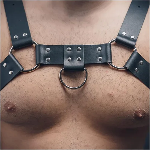 Vista 4 de IXOUP BDMS - Arnés de cuero genuino para hombre, ajustable, fetiche, arnés corporal sexy con hebillas y cinturones, disfraz de fiesta de Halloween