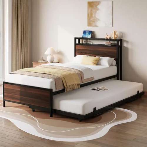 Vista 11 de IRONCK - Sofá cama doble con cama nido, cabecera de almacenamiento y estación de carga Sturdy Metal Twin Bed Frame, Space-Saving Pop Up Trundle