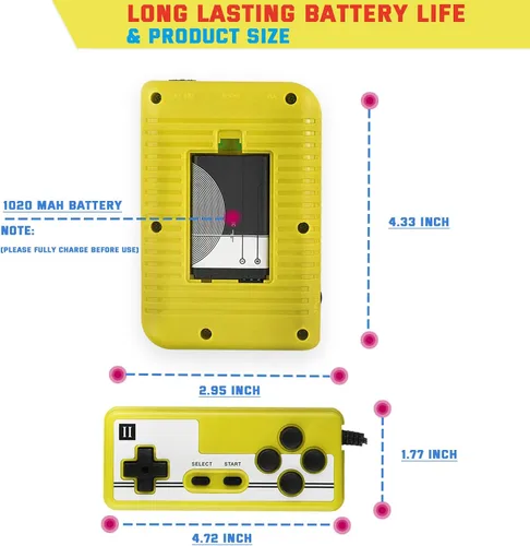 Vista 5 de Juego de mano retro, consola de videojuegos retro portátil con 500 juegos clásicos, pantalla a color de 3.0 pulgadas, batería recargable de 1020 mAh