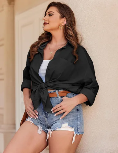 Vista 5 de IN'VOLAND Camisas de manga larga con botones para mujer, talla grande, de algodón, casual, con cuello, holgadas, con bolsillo