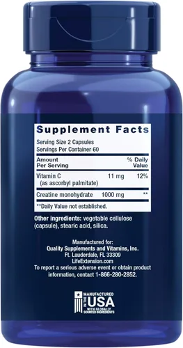 Vista 2 de Life Extension Cápsulas de creatina, monohidrato de creatina, promueve la fuerza, músculo magro, resistencia saludable, sin OMG, sin gluten, 120