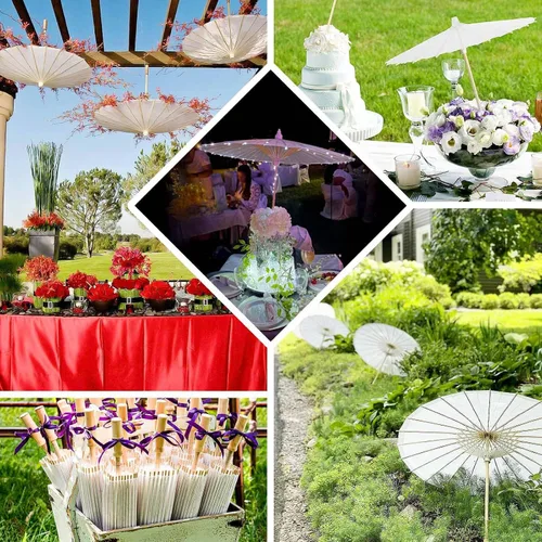Vista 5 de Efavormart - Paquete de 4 mini paraguas de papel blanco de 16 pulgadas, pequeños detalles de bambú para centros de mesa caprichosos, recuerdos