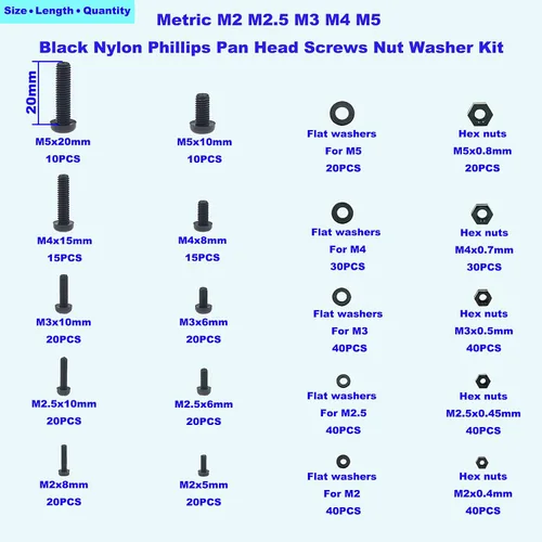 Vista 4 de Juego surtido de tornillos métricos M2 M2.5 M3 M4 M5 de nylon Phillips de cabeza plana (negro) Metric M2 M2.5 M3 M4 M5 Tornillos de cabeza