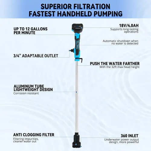 Vista 9 de Bomba de transferencia de agua inalámbrica de 720 GPH 32 pies con cabezal incluido, batería de 2 x 4000 mAh 21 V y cargador de 90 minutos de tiempo