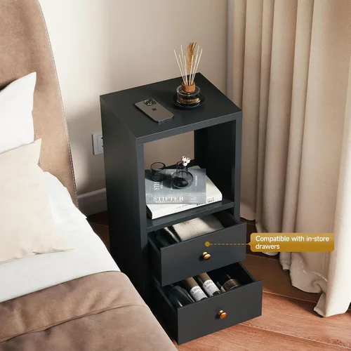 Vista 3 de Organizador de almacenamiento vertical de 2 cubos de metal, estantería corta negra con espalda abierta, estante de almacenamiento de cubo pequeño