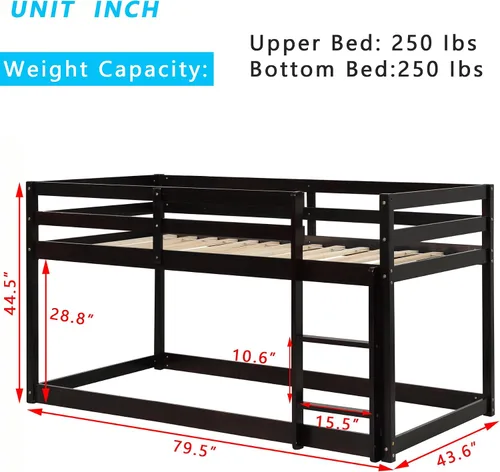 Vista 2 de Litera para niños de tamaño individual sobre individual con escaleras y rieles para niños pequeños, niñas y niños, madera de pino, fácil de montar