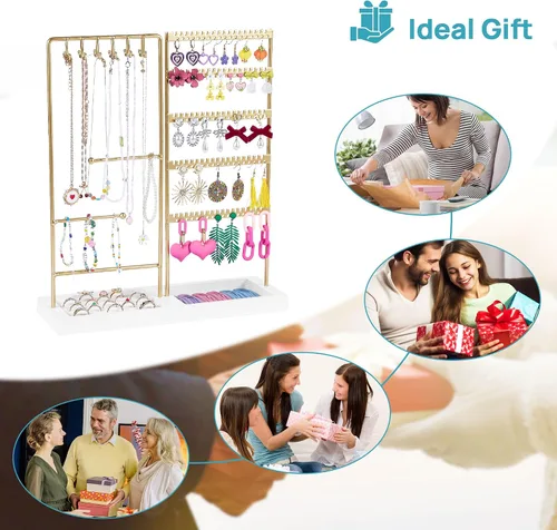 Vista 7 de Vtopmart Soporte organizador de joyas para aretes, collares, anillos, pulseras, exhibición y almacenamiento, con 90 agujeros, 12 ganchos, bandeja
