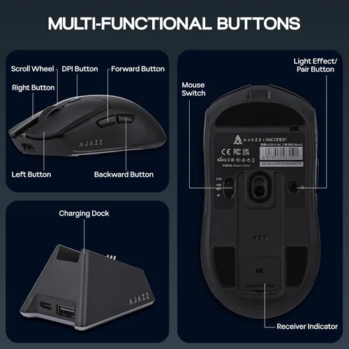 Vista 7 de MechLands AJAZZ AJ139 V2 MC Mouse para juegos con base de carga, ajustable 12,000 DPI, sensor PAW3311, 3 modos de mouse inalámbrico, batería de 500