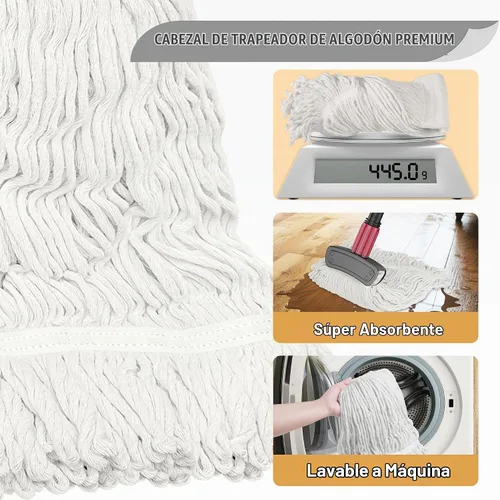 Vista 4 de Fregonas Comerciales para Limpieza de Pisos - Fregona de Bucle con Mango Largo para Pisos de Madera Dura, Baldosas, Vinilo - Cabezal de Algodón