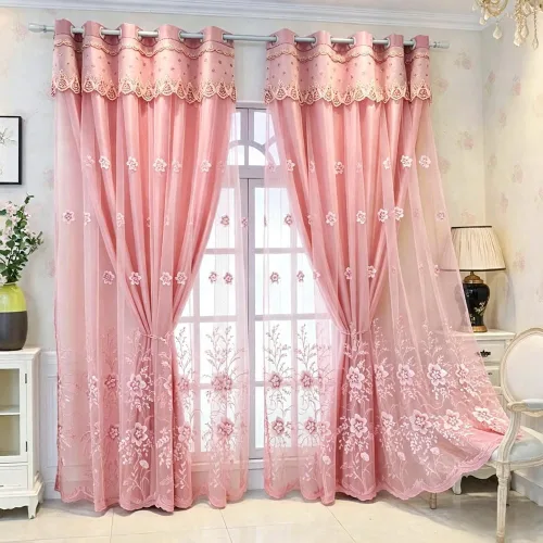 Vista 20 de Amidoudou 1 par de cortinas europeas de doble capa para sala de estar, dormitorio, cortinas bordadas de flores de lujo con cenefa