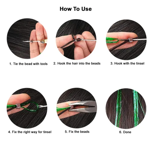 Vista 7 de Kit de Oropel para Cabello con Herramientas Extensiones de Cabello de Oropel Negro 6 Piezas 1200 Hebras Kit de Oropel para Cabello de Hadas