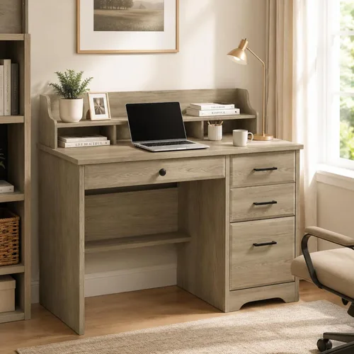 Vista 9 de 4 EVER WINNER - Escritorio para computadora con cajones para espacios pequeños, escritorio de madera con gabinete de archivos y soporte