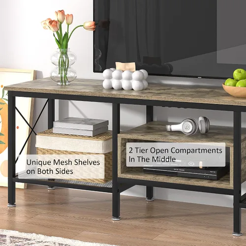 Vista 4 de VECELO Soporte de TV Industrial para Televisión de 65 Pulgadas, Gabinete Consola de 3 Niveles con Estantes de Almacenamiento Abiertos, Centro