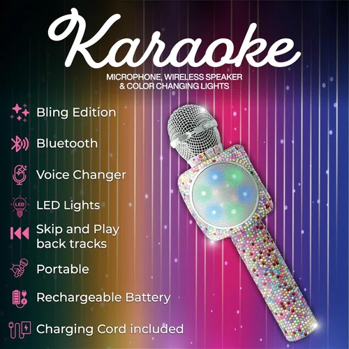 Vista 2 de Wireless Express - Micrófono de karaoke Bling Bluetooth para cantar y altavoz estéreo Bluetooth todo en uno (Confetti Bling)