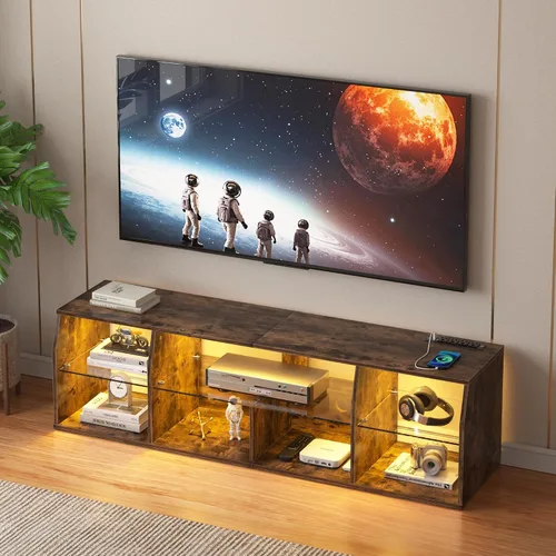 Vista 11 de VECELO Soporte de TV LED para 55 pulgadas, centro de entretenimiento con tomas de corriente, gabinete de televisión industrial para sala de estar