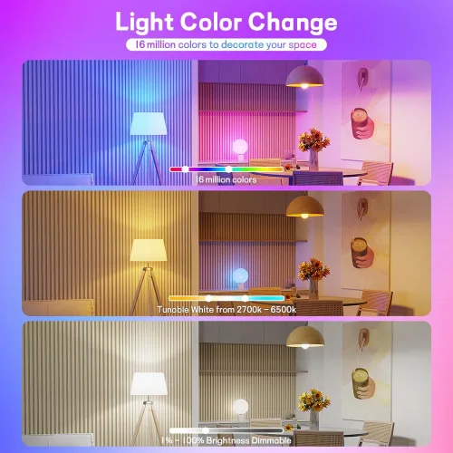 Vista 5 de Bombillas LED inteligentes, bombillas Bluetooth, bombillas RGB+CCT que cambian de color con control de aplicación, A19, E26, sincronización