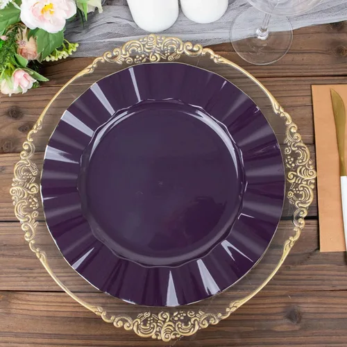 Vista 127 de Tableclothsfactory Paquete de 10 platos redondos de plástico negro de 6 pulgadas para ensalada de postre, platos desechables con borde ondulado