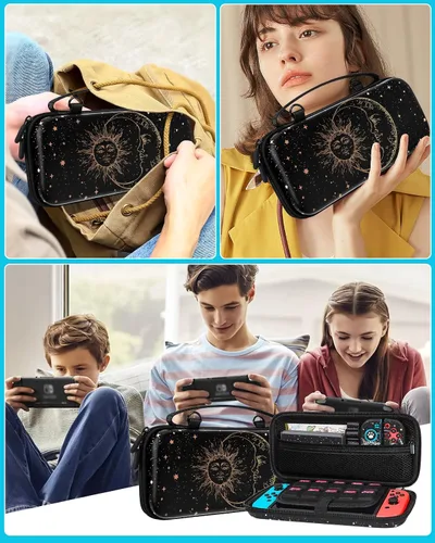 Vista 6 de Funda 9in1 Sun Moon Witchy Switch para Nintendo Switch, fundas de transporte y accesorios de almacenamiento, kit de agarre para pulgar+soporte