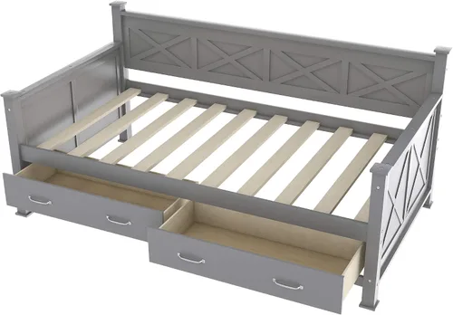 Vista 5 de Bellemave Marco de sofá cama individual con cajón, sofá cama de madera con cajones de almacenamiento, sofá cama capitán para niños (gris)