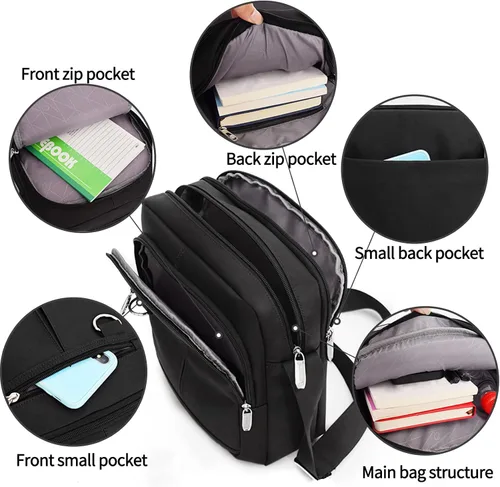 Vista 3 de Vaupan Bolso bandolera para hombre, pequeño bolso cruzado resistente al agua, bolso de hombro para viajes, escuela, trabajo, negocios (negro)