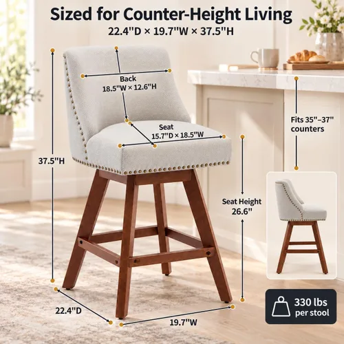 Vista 2 de Juego de 2 taburetes de bar giratorios modernos, taburetes de bar de 26.6 pulgadas de altura de mostrador beige con respaldo para isla de cocina