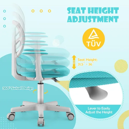 Vista 4 de GLACER - Silla de escritorio para niños, silla de estudio de malla ajustable con ruedas (verde) Swivel Ergonomic Computer Task Chair with Arms