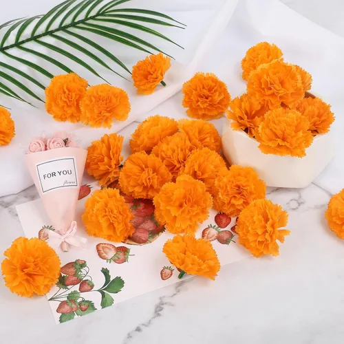 Vista 9 de 30 flores artificiales de caléndula de 2 pulgadas, cabezas de flores de caléndula de seda con tallos, flores naranjas artificiales para decoración