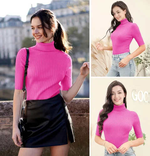 Vista 5 de v28 - Suéter ajustado de cuello alto con mangas de media sisa para mujer, de punto acanalado altamente elástico Rosa fuerte