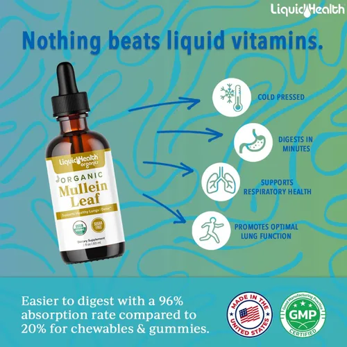 Vista 2 de LIQUIDHEALTH USDA Orgánico Extracto de Hoja de Gordolobo en Gotas para Pulmones - Gotas Herbales de Limpieza para Fumadores, Apoyo Inmunológico
