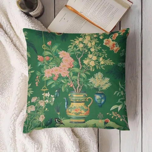 Vista 3 de Funda de almohada tradicional de jarrón Ming verde chinoiserie, funda de cojín asiática de 18 x 18 pulgadas, funda de almohada decorativa de jarrón