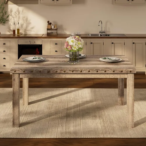 Vista 11 de Morden Fort Juego de Comedor Estilo Granja para 4, Mesa Rectangular de Madera de 60" y 4 Sillas Tapizadas con Detalles de Tachuelas, Juego de Mesa
