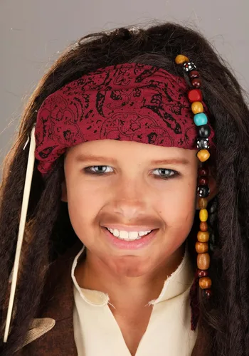Vista 5 de FUN Costumes Peluca realista de capitán Jack pirata para niños Pelucas de rastas de pelo sintético Peluca de piratas caribeños bandana y cuentas ST