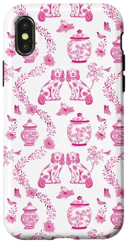Vista 5 de Preppy - Carcasa para iPhone 16, diseño de perros y tarros de jengibre, color rosa y blanco