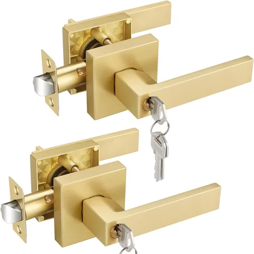 Vista 16 de EHOMEWARE - Juego de manijas de puerta delantera doble de latón, manija de puerta de latón cuadrado resistente en oro y cerradura de un solo