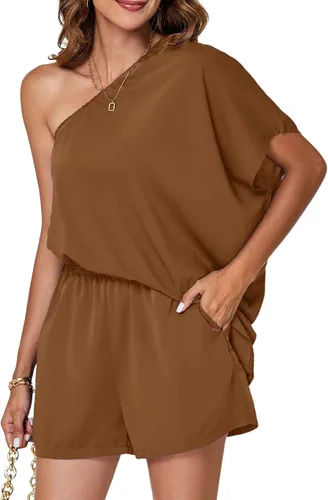 Vista 4 de Umenlele Blusa de manga de murciélago con un hombro para mujer, overol corto