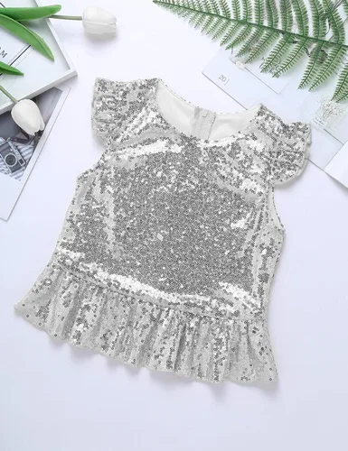 Vista 4 de YiZYiF - Camiseta de manga corta con volantes y lentejuelas brillantes para niñas y niñas