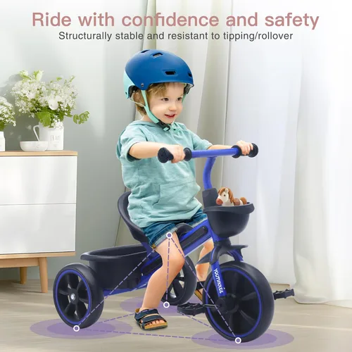 Vista 4 de Triciclo para niños con luces LED coloridas para niños pequeños de 1 a 3 años, diseño estable de 3 ruedas y canasta de almacenamiento para paseos
