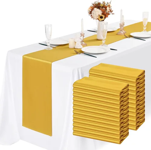 Vista 12 de Paquete de 24 caminos de mesa de satén negro de 12 x 72 pulgadas de largo, seda brillante, tela suave, dorada, para fiesta, boda, recepción