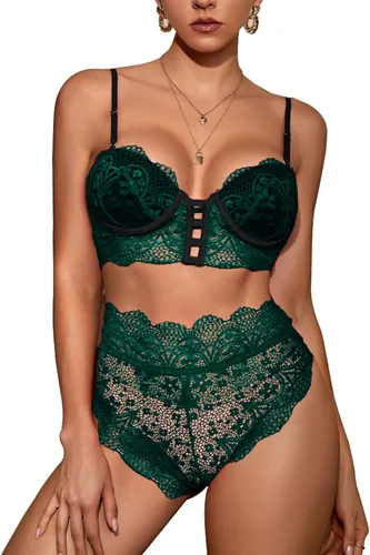 Vista 2 de Lilosy Conjunto de lencería sexy de encaje floral acolchado con aros de alta espera