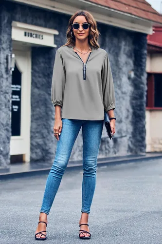 Vista 5 de Cnkwei Blusa con cuello en V para mujer, diseño de cremallera, holgada, informal, para mujer