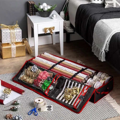 Vista 2 de ZOBER Organizador de papel de regalo, contenedores de almacenamiento de papel de regalo de 40 pulgadas con bolsillos interiores para lazos