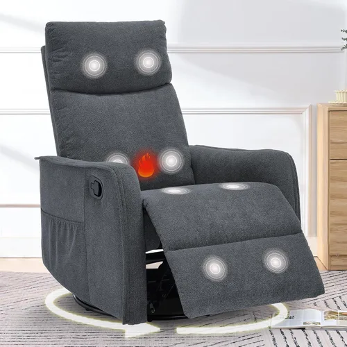 Vista 10 de cinkehome Silla Reclinable Giratoria Mecedora con Masaje Térmico, Sillas Reclinables Mecedoras para Guardería, Espacios Pequeños, Respaldo Alto
