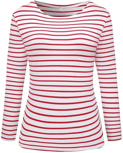 Vista 2 de LilyCoco Camisa de manga larga a rayas para mujer, cuello barco, camiseta de ajuste holgado Breton