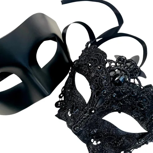 Vista 3 de Par de máscaras de encaje brocado para mascarada, Mardi Gras, cumpleaños, graduación, boda, fiesta