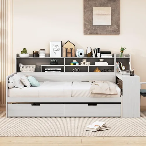 Vista 37 de Sofá cama de madera de tamaño matrimonial con 2 armarios de noche, estantes superiores y 4 cajones, marco de madera resistente, espacio de Marrón