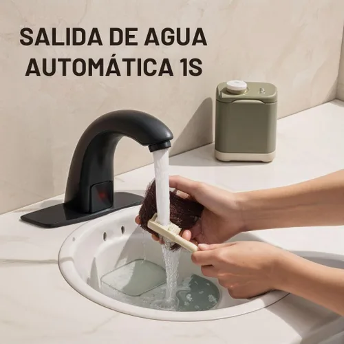 Vista 3 de Grifo de baño sin contacto con sensor automático de movimiento, llaves de fregadero con cubierta de agujero y mezclador de temperatura, llave Negro